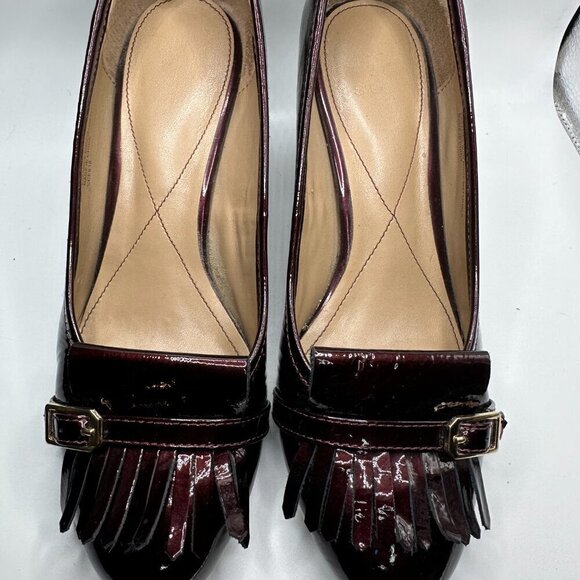 Isola Tara Kilted Buckle Patent Leather Block loafer Heels Burgundy Women's Sz 8 - Picture 3 of 9